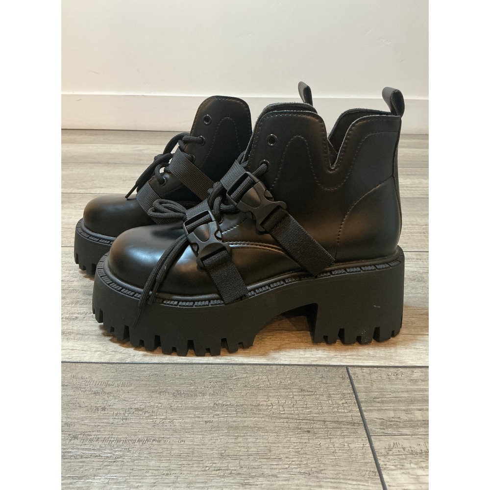 Black Platform Combat Boots with Buckle Straps